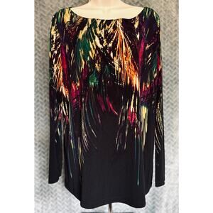 Susan Graver Liquid Knit Colorburst Feather Long Sleeve Top size L Colorful